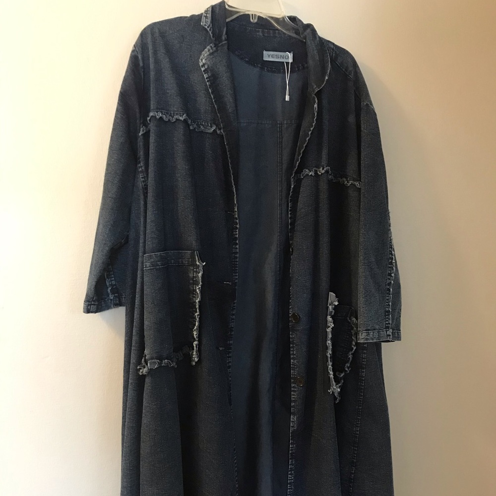 Long, distressed denim jacket
